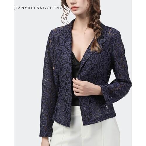 Fashion Women Lace Coat Cut Floral Hollow Out Long Sleeve Suit Collar Tops Single Button Slim Short Thin Female Vintage Blazer