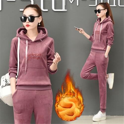 Fashion Double-sided Gold Velvet Sports Suit Womens Autumn And Winter Thickened Plus Velvet Sweater Casual Wear Two-piece Suit