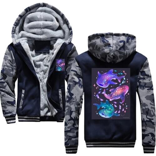 Winter Thick Mens Hoodies Cosmic Whale Shark Printing Male Jacket Hip Hop Brand Outwear Hot Sale Camouflage Sleeve Mens Jacket