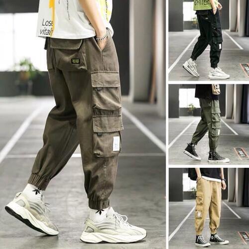 Mens Cargo Pants Summer Thin Korean Fashion Ankle Banded Pants Loose Viscose Fiber Ankle-Length Pants Casual Harem Pants Black