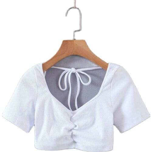 JC·KILIG 2021 New Pure Color Butterfly Blouse Short Sleeve, High Waist and Belly Button Exposed Short T-Shirt for Women L9599