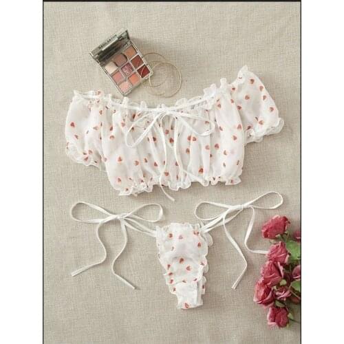 New Bra Set Wire Free Off-Shoulder Sexy Womens Underwear Small Chest Bralette+Thong Lace Swimsuits Beachwear Lingerie sets