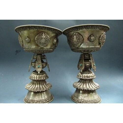 Song voge gem S0671 14 Tibet Buddhism Bronze Copper silver-gilt Butter lamps candleholder Pair