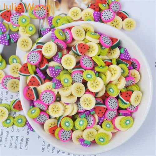 Julie Wang 40PCS Resin Artificial Fruit Slice Charms Slime Polymer Clay Banana Grape Orange Jewelry Making Accessory Table Props