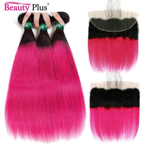 Bundles With Frontal Brazilian Ombre Pink Human Hair Weave Pre Plucked Ear To Ear Closures Beauty Plus Remy Pink Straight Hair
