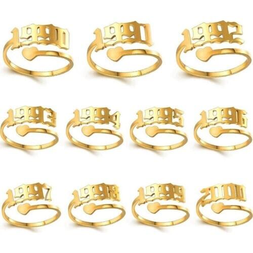 QIAMNI 1985 to 2005 Date Of Birth Year Number Heart Rings Old English Font Ring Birthday Anniversary Jewelry Gift Anillos Mujer