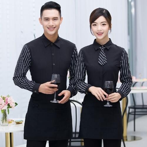Spring/Autumn Long Sleeve Black Striped Work Shirt+Apron Set Hotel DIY Logo Waiter Uniform Clothing Customized Logo Work Wear