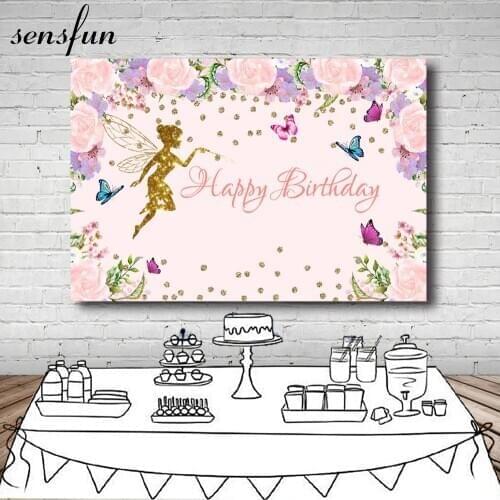 Sensfun Pink Purple Flowers Photography Backdrop Gold Glitter Fairy Butterfly Girls Birthday Party Backgrounds Wedding Banner