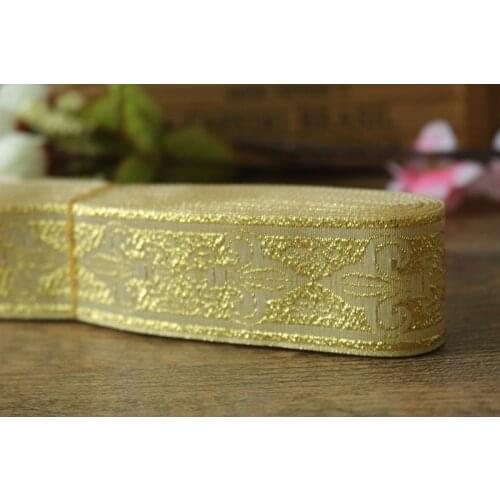 Wide 3.5cm 10yards/lot Polyester Woven Jacquard Ribbon light gold Geometric pattern for curtain and clothing accessory LS-2319