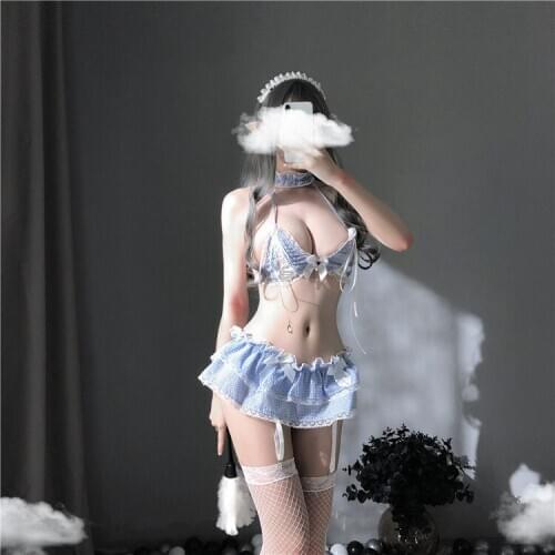 Sexy Maid Cosplay Costumes Blue grid lattice Waitress Uniform Tempting Hot Girl Bikini Set Mini Skirt Live Show Cam Dress