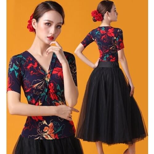 Short-Sleeve Ballroom Modern Latin dance clothes top for women/female,Flower print Costume Practice performance wear YU2011