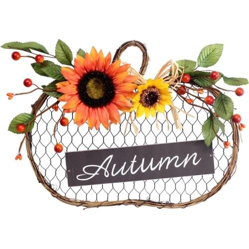 Harvest Halloween Home Decoration Led Autumn Sunflower Iron Net Wooden Decoration Boards Pumpkin Shape Simulation Wreath Pendant