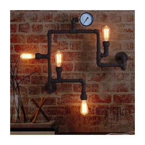 Vintage Retro Loft Industrial Wrought Iron Rustic Water Pipe Wall Lamp with Edison Bulbs Simulate Pressure gauge for Bar Cafe