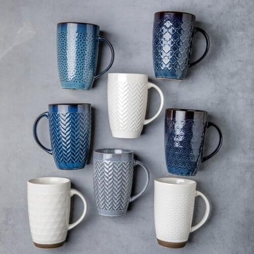 Japanese Ceramic Large Capacity Coffee Mug Retro European Embossed Couple Household Kitchen Tableware Vintage Tea Cups Office