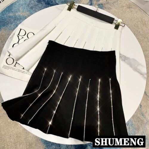 2020 Summer Autumn New Vertical Stripe Rhinestone Chain Side High Waist Pleated Skirt for Women Elegant Short Skirts