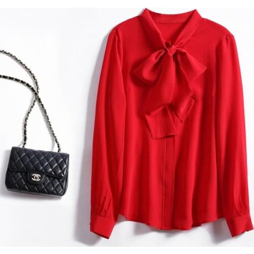 Womens Blouses and Tops Silk red bowtie floral Office Formal Casual Shirts Plus Large Size Spring Summer Sexy Haut Femme