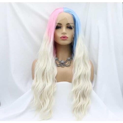 Sylvia Pink Half Blue Ombre Blonde Synthetic Lace Front Wigs For Women Hair Heat Resistant Fiber Long Loose Wave Cosplay Wigs