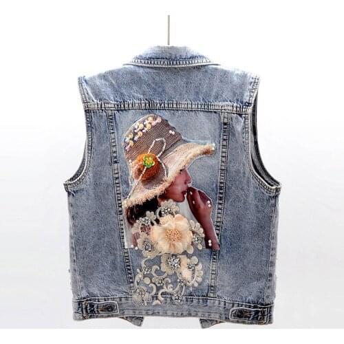 Streetwear Fashion Beading Flowers Denim Vest Women Frayed Waistcoat Korean Sleeveless Jacket Coat Slim Short Jeans Vests Female