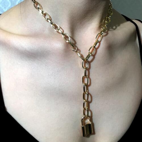 Flatfoosie Punk Long Chain Gold Lock Necklace For Women Men Padlock Pendant Necklace 2020 Statement Collar Fashion Jewelry Gifts