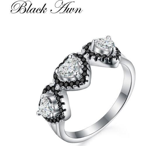 [SODROV] Genuine 925 Sterling Silver Jewelry Wedding Rings for Women Row Three Heart Black&White Stone Ring C249