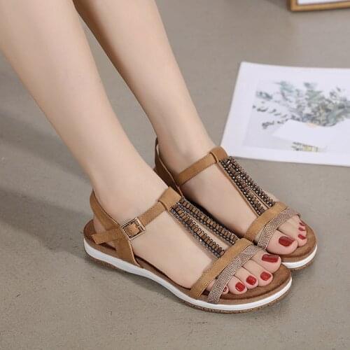 ZZPOHE Summer Womens Sandals Beaded Rhinestone Buckle Soft Sole Womens Shoes Ethnic Style Wild Retro Light Womens Sandals