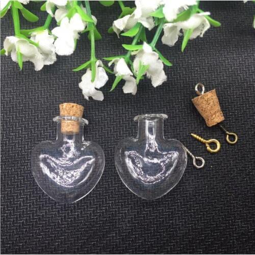 20pcs transperant Glass Cork Bottle Jars Vials Wishing Bottles DIY Pendant -Heart shape charm craft jewelry chain findings