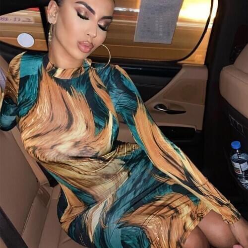 2019 Winter Autumn Women Dresses Sexy Long Sleeve Printed Midi Bodycon Pencil Club Dress For Women Female