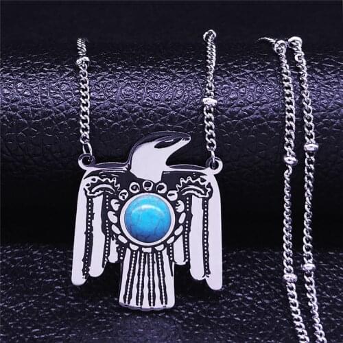 Boho Eagle Stainless Steel Blue Natural Stone Women Silver Color Bohemian Necklace Vacation Jewelry collier femme N4090S04