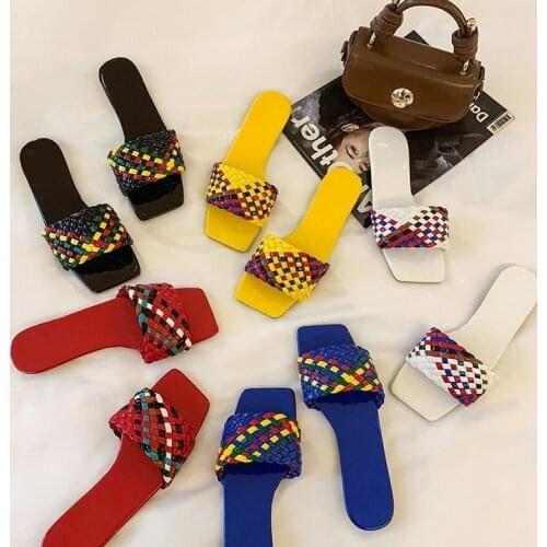 Flat-bottomed Square Toe Fashion Outer Wear 2021 Spring and Summer Woven One-word Drag Plus Size Sandals and Slippers