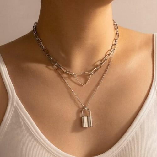 Docona Bohemia Lock Key Pendant Necklace for Women Geometric Love Heart Cuban Chain Metal Alloy Necklace Female Jewelry Collar