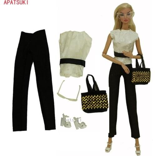 White Black Clothes Set for Barbie Doll Suit Fashion Office Lady Outfits Shoulder Sunglasses Bag Shoes 1/6 Accessories Kids Toys