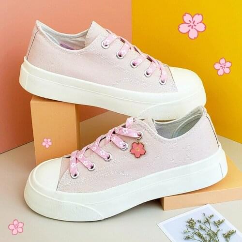 Vogue Girls Sakura Vulcanized Shoes Breathable Canvas Women Pink Sneakers Thick Sole Cherry Shoelaces Student Platform Shoes
