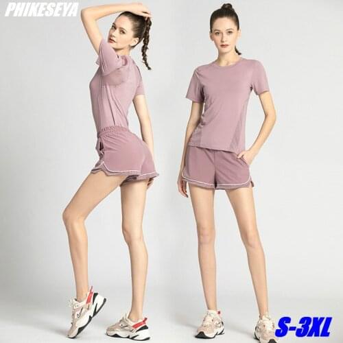 Summer Fitness Yoga Sport Sets Women Short-Sleeved T-Shirts Shorts Naked Mesh Breathable Quick-dry Running and Fitness 2 Pcs/set