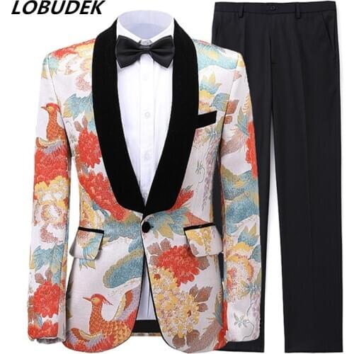 Fashion Jacquard Blazer Suit Mens Groom Wedding Dress Tuxedo Costume Evening Party Banquet Singer Host Stage Suits Plus Size