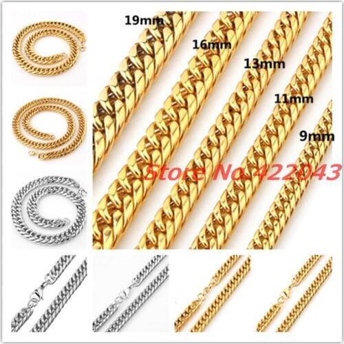 7-40" 9/11/13/16/19MM Heavy Silver / Gold Color Stainless Steel Mens Curb Cuban Chain Necklace New Arrived Jewelry