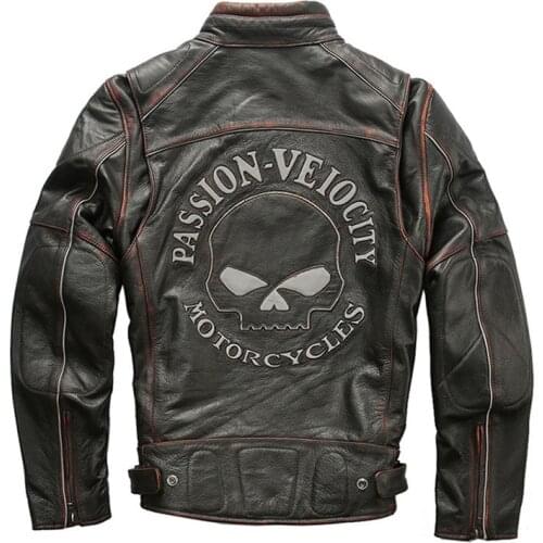 Mens Genuine Cowhide Jacket Luminous Skull Motorcycle Leather Jacket Top Layer Cowhide leather Coat