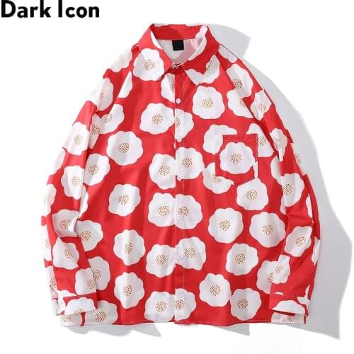 Dark Icon Floral Full Printed Mens Shirts Long Sleeve Oversized Shirts for Man Red Green Male Shirts