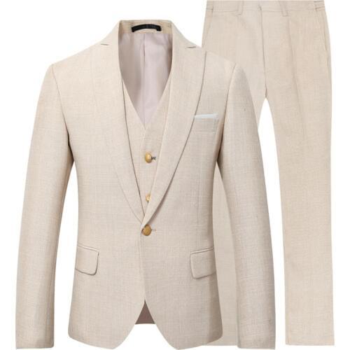 Men Suit Casual Linen Beach Suit Wedding Groom Stylish Prom Dress Men Party Wear 3 Pieces(jacket+vest+pants)