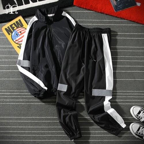 Mens Sets Hip Hop Autumn Patchwork Track Suit Male Stand Collar Jacket Sweatsuit Tracksuit Men Clothes Casual Sportswear Black