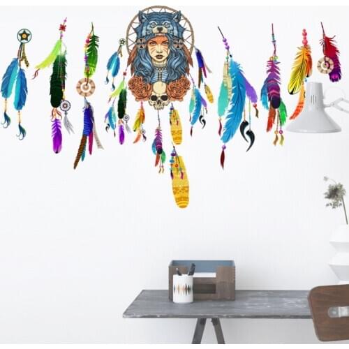 Indian Girl Feather Wall Sticker For Living Room Home Decoration Background Pvc Plane Mural Door Diy Wallpaper Top Fashion