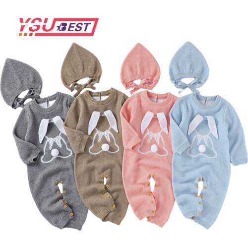 New Baby Rompers Knitted Newborn Boy Jumpsuit Outfits Autumn Cartoon Rabbit Print Infant Girl Overalls Winter Warm Children Wear