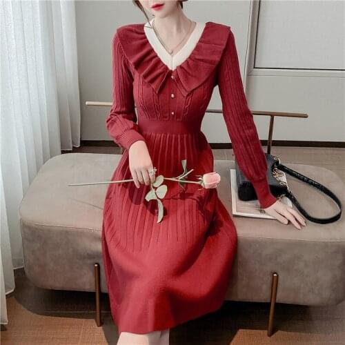 New Arrival Knitted Dress Women Retro French Princess Sweater Dress Elegant Slim A-line Long Sleeve Autumn Winter Party Dress