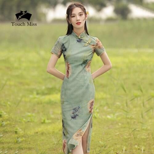 Cheongsam 2021summer Young Improved Retro Elegant Midi Dress summer dress woman dress Diagonal collar Spring