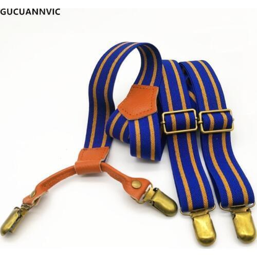 High Quality Fashion Blue double stripe Vintage suspenders Men 4 Clips Bronze clip Braces Women Adjustable 2.5cm