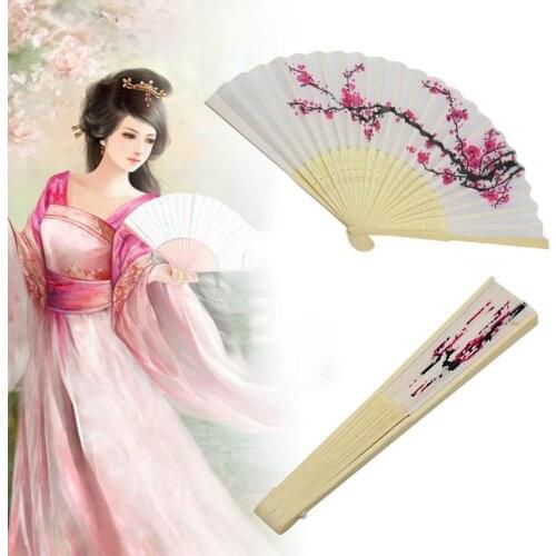 Retro Classic Plum Pattern Ink Painting Gift Silk Fan Printing Style Chinese Girls White Folding Fan Dancing Cloth I4I2