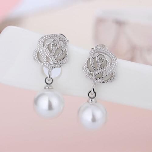 Luxury 925 Sterling Silver Women Jewelry New Fashion Earrings Flower Pearl Dangle Stud Earing Vintage Charm Girls Gifts