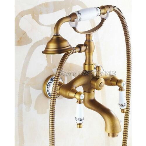 Handheld Shower Head with Dual Holder Dual Control Bath Tub Mixer Tap Antique Brass Wall Mounted Bathroom Faucet Wtf310