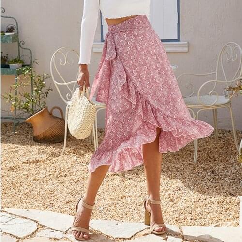 Ladies Vintage Floral Print Long Summer Skirt Women High Waist Knotted Tied Wrap Ruffle Chiffon A Line Split Woman Skirts Female