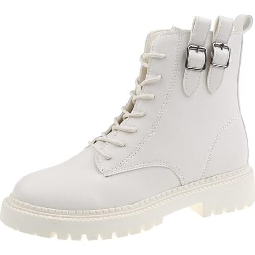 Motorcycle Boots Women 's Ankle Boots PU Leather Buckle Lace Up Boots Thick Sole Waterproof Boots Female Booties Botas De Mujer