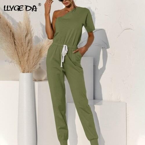 One-shoulder Waist Drawstring Female Jumpsuit Solid High Waist Short Sleeve Jumpsuits Women 2021 Summer New Basic Casual Cloths